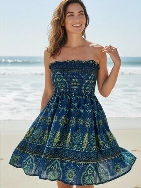 Cotton Strapless Printed Sundress